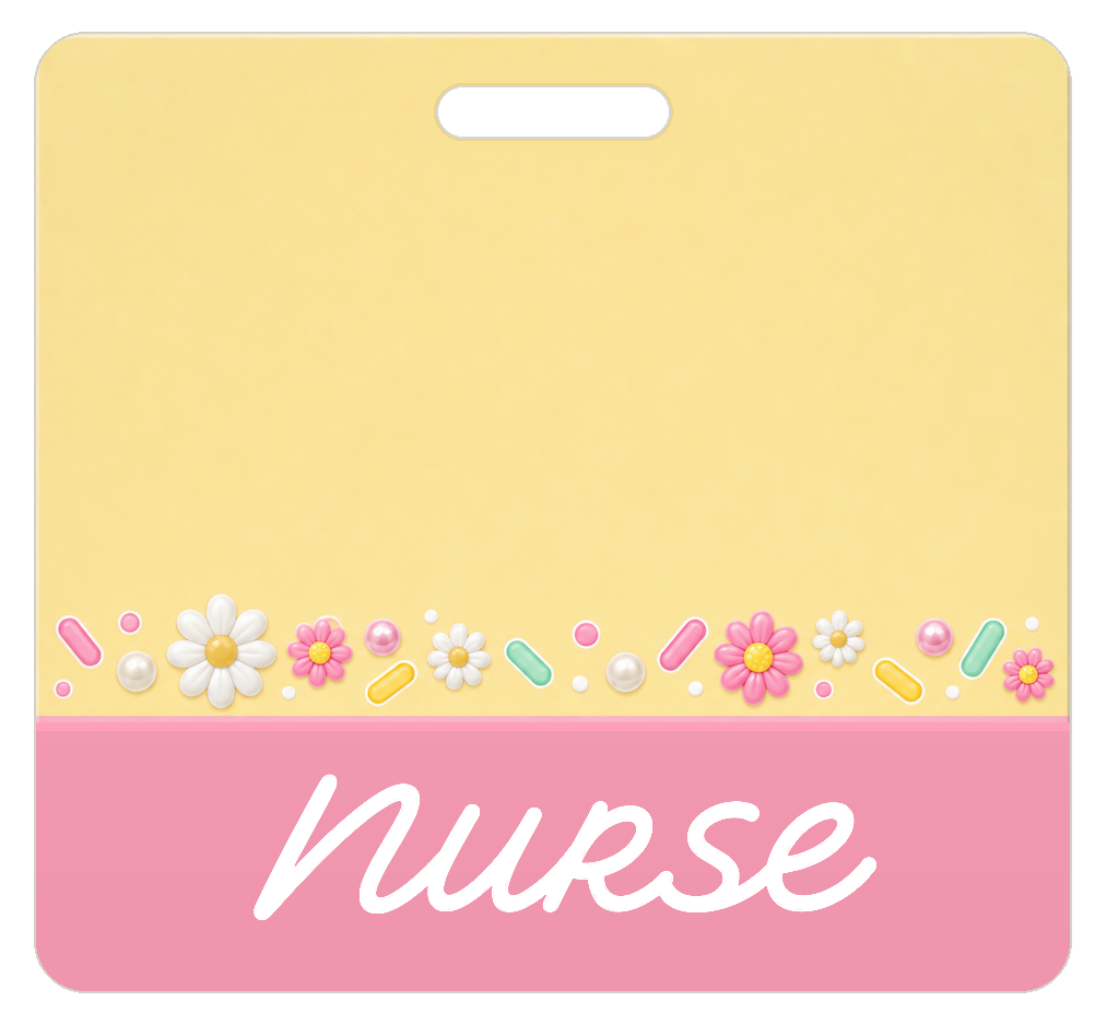 Badge Buddy — Butter Yellow Pastel Daisies, Landscape / Horizontal ID, Banded Signature, NURSE preview
