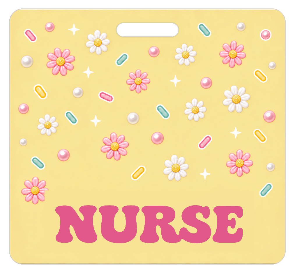 Badge Buddy — Butter Yellow Pastel Daisies, Landscape / Horizontal ID, Solid Scatter, NURSE preview