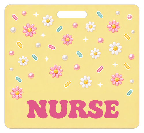 Badge Buddy — Butter Yellow Pastel Daisies, Landscape / Horizontal ID, Solid Scatter, NURSE preview