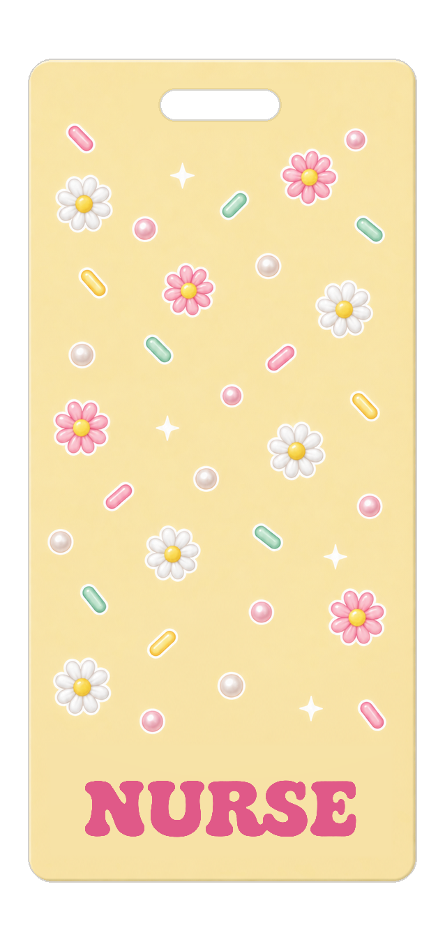 Badge Buddy — Butter Yellow Pastel Daisies, Portrait / Vertical ID, Solid Scatter, NURSE preview