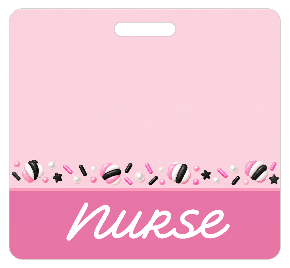 Badge Buddy — Candy Pink Hearts & Sprinkles, Landscape / Horizontal ID, Banded Signature, NURSE preview