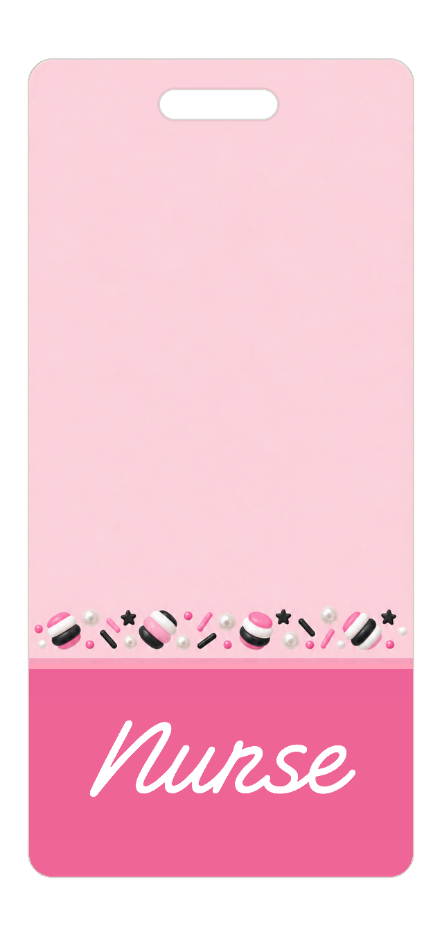 Badge Buddy — Candy Pink Hearts & Sprinkles, Portrait / Vertical ID, Banded Signature, NURSE preview