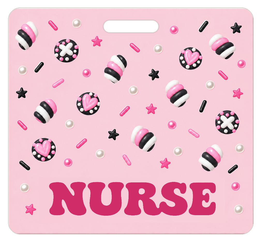 Badge Buddy — Candy Pink Hearts & Sprinkles, Landscape / Horizontal ID, Solid Scatter, NURSE preview