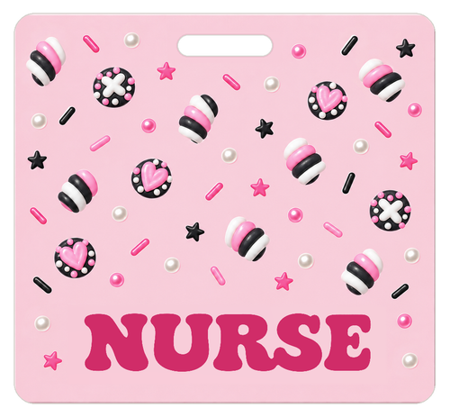 Badge Buddy — Candy Pink Hearts & Sprinkles, Landscape / Horizontal ID, Solid Scatter, NURSE preview