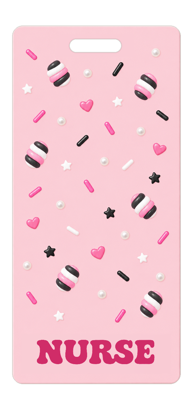 Badge Buddy — Candy Pink Hearts & Sprinkles, Portrait / Vertical ID, Solid Scatter, NURSE preview