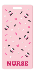 Badge Buddy — Candy Pink Hearts & Sprinkles, Portrait / Vertical ID, Solid Scatter, NURSE preview