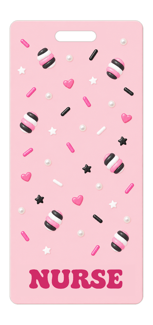 Badge Buddy — Candy Pink Hearts & Sprinkles, Portrait / Vertical ID, Solid Scatter, NURSE preview