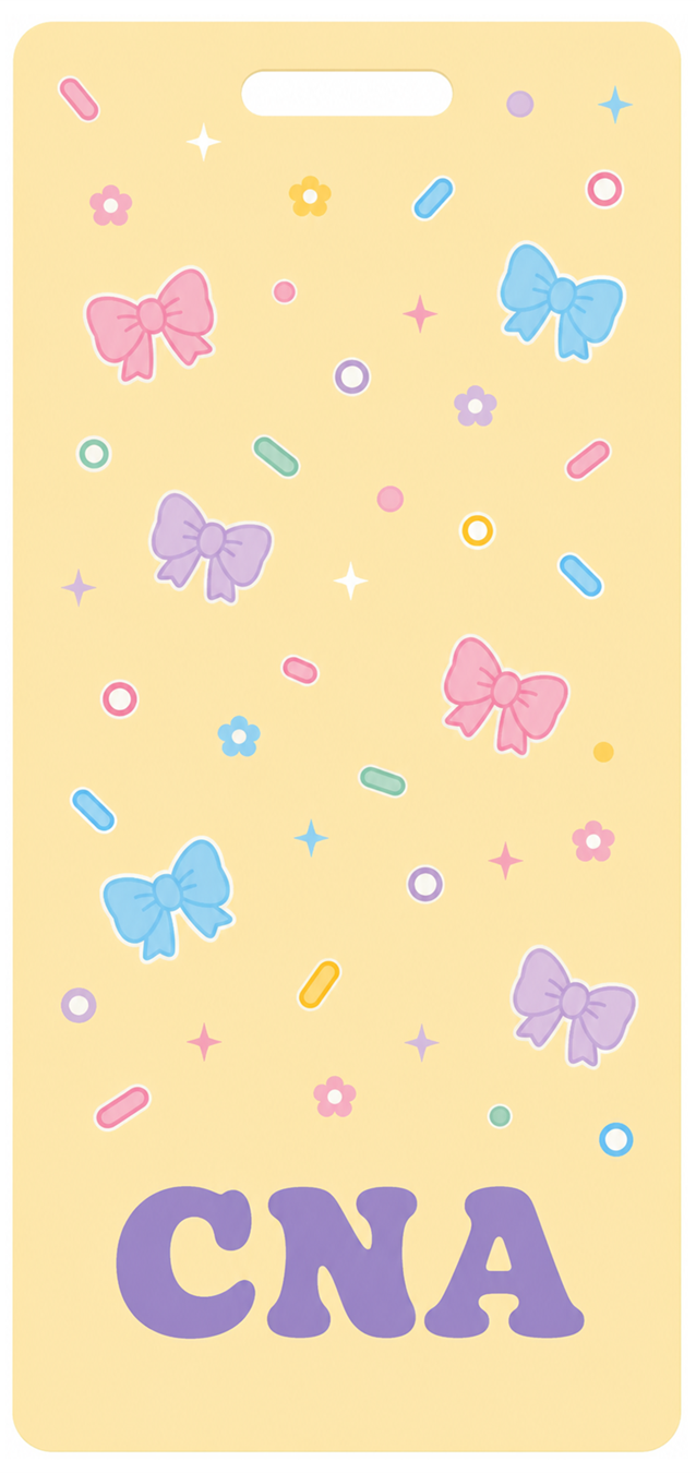 CNA cat-themed Badge Buddy, portrait Solid Scatter design