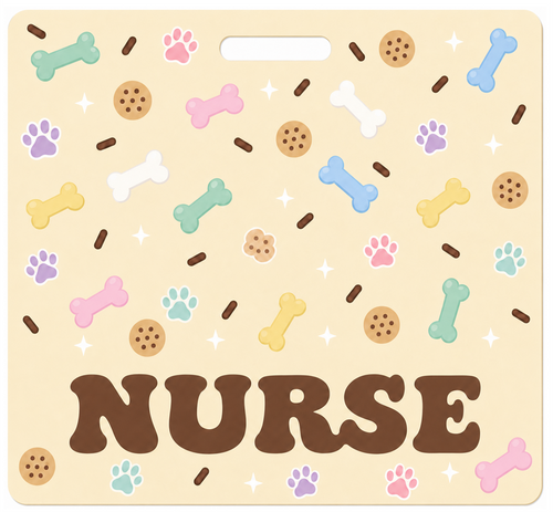 Cookie puppy-themed NURSE Badge Buddy, landscape Solid Scatter design