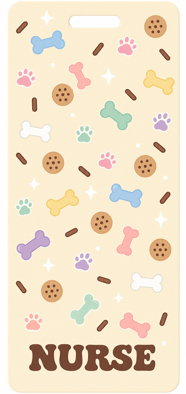 Cookie puppy-themed NURSE Badge Buddy, portrait Solid Scatter design