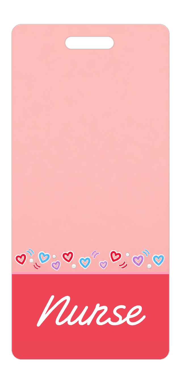 Badge Buddy — Coral Rehab Hearts, Portrait / Vertical ID, Banded Signature, NURSE preview