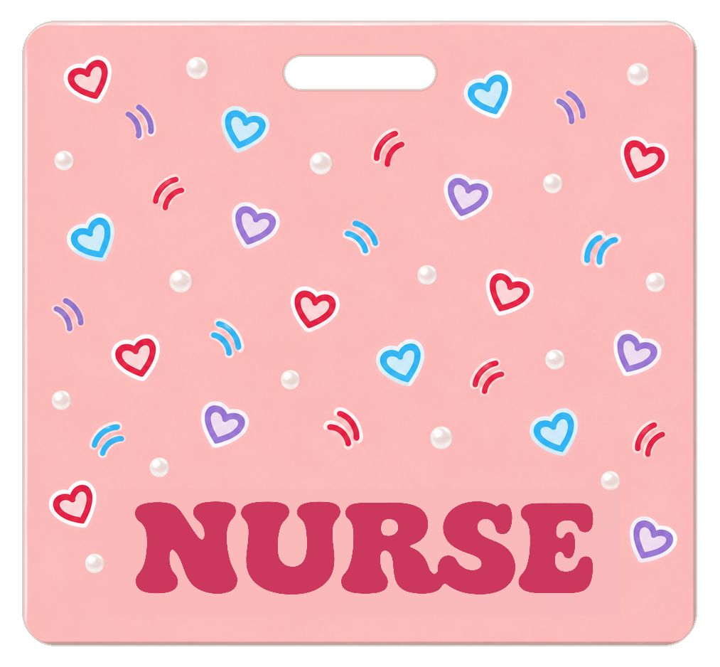 Badge Buddy — Coral Rehab Hearts, Landscape / Horizontal ID, Solid Scatter, NURSE preview