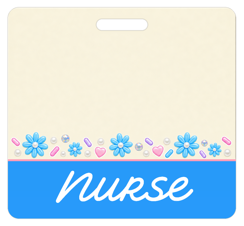 Badge Buddy — Cream Blue Daisies & Pink Hearts, Landscape / Horizontal ID, Banded Signature, NURSE preview