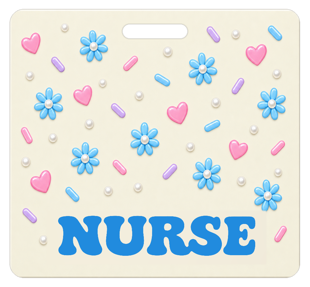 Badge Buddy — Cream Blue Daisies & Pink Hearts, Landscape / Horizontal ID, Solid Scatter, NURSE preview