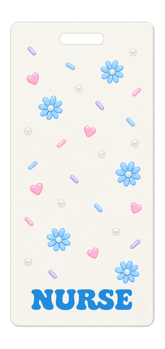 Badge Buddy — Cream Blue Daisies & Pink Hearts, Portrait / Vertical ID, Solid Scatter, NURSE preview