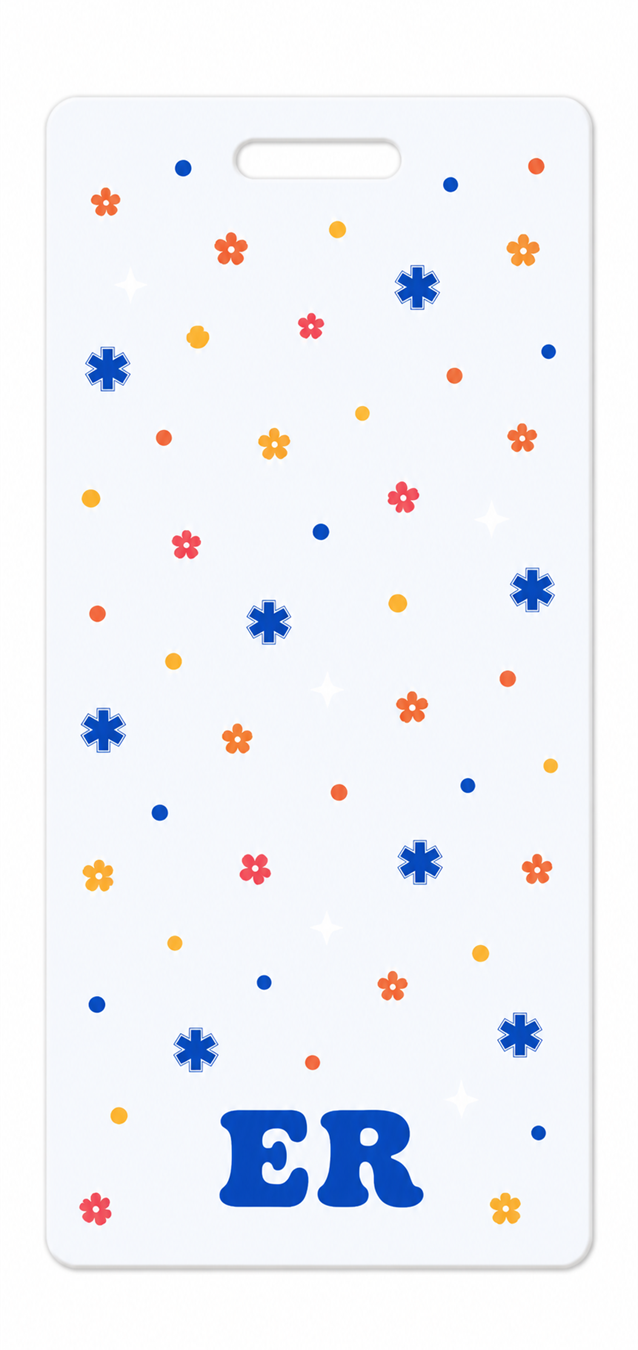 ER blue and orange Badge Buddy, portrait Solid Scatter design