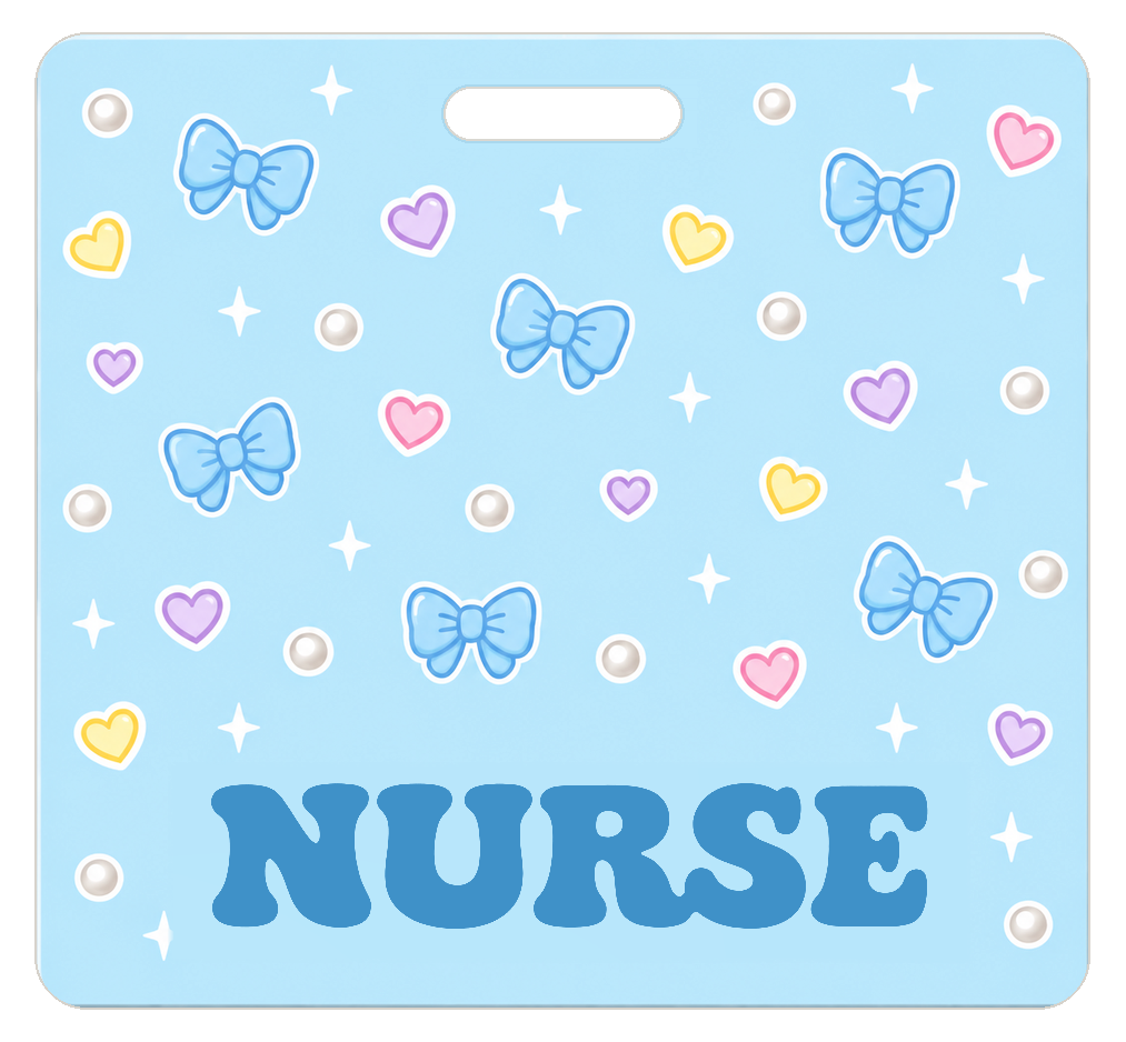 Badge Buddy — Icy Blue Sono Bows, Landscape / Horizontal ID, Solid Scatter, NURSE preview