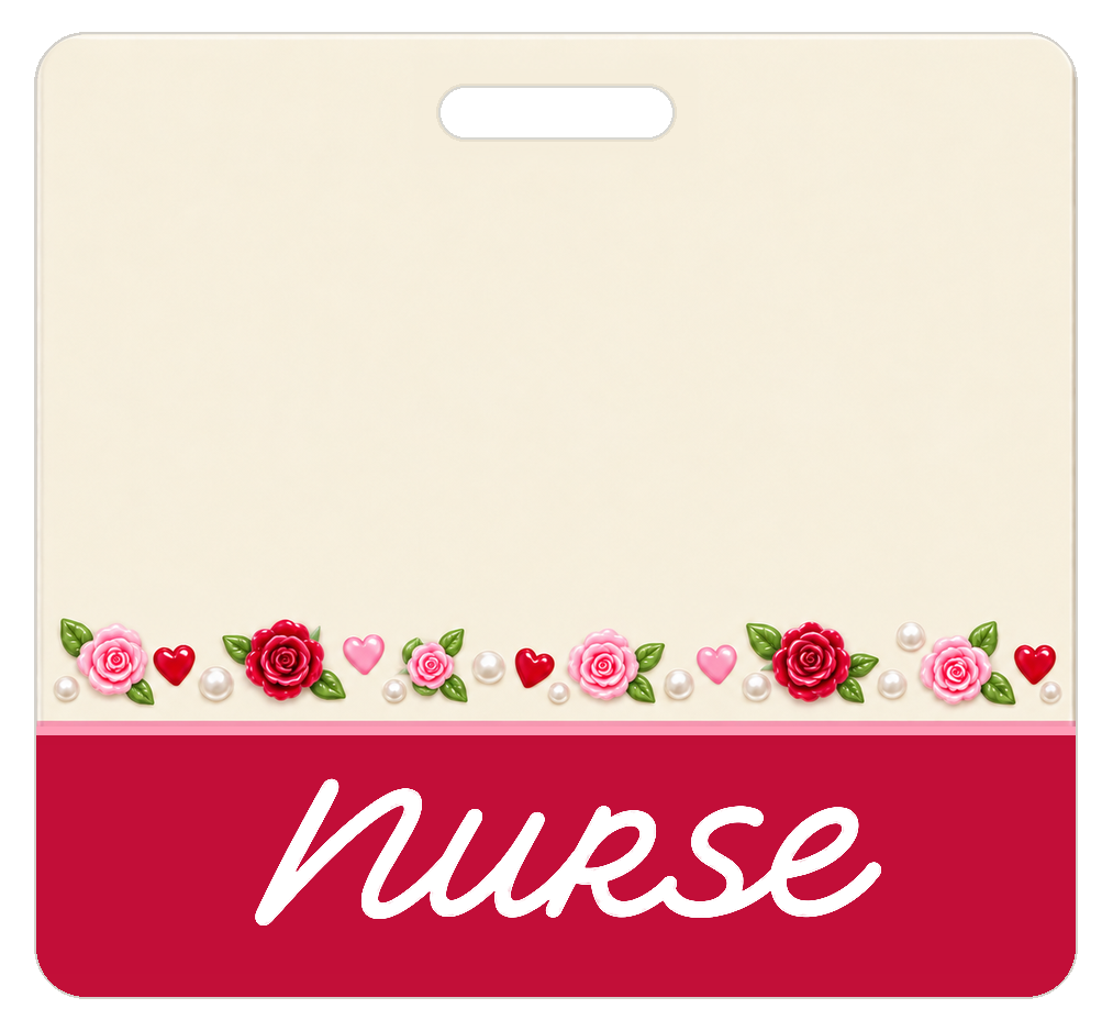Badge Buddy — Ivory Red Roses & Hearts, Landscape / Horizontal ID, Banded Signature, NURSE preview
