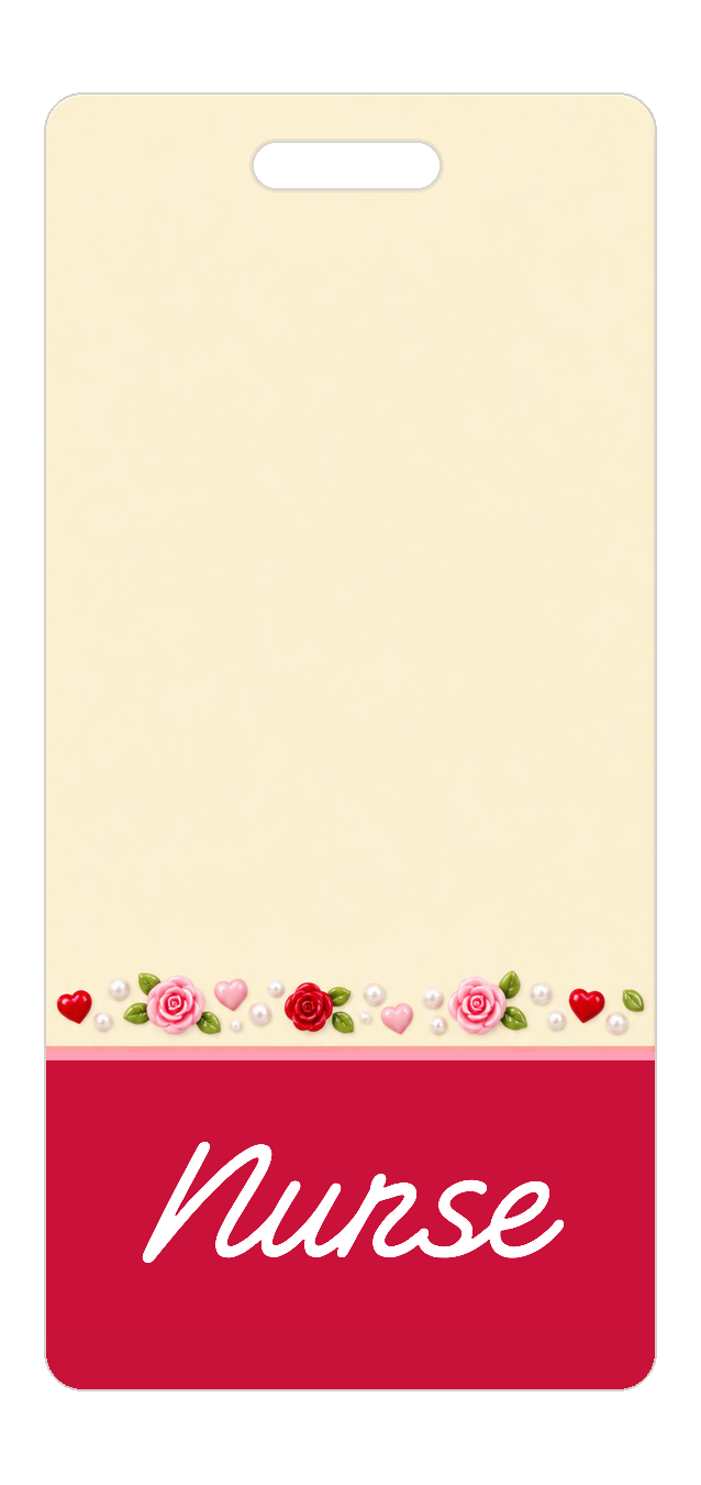 Badge Buddy — Ivory Red Roses & Hearts, Portrait / Vertical ID, Banded Signature, NURSE preview