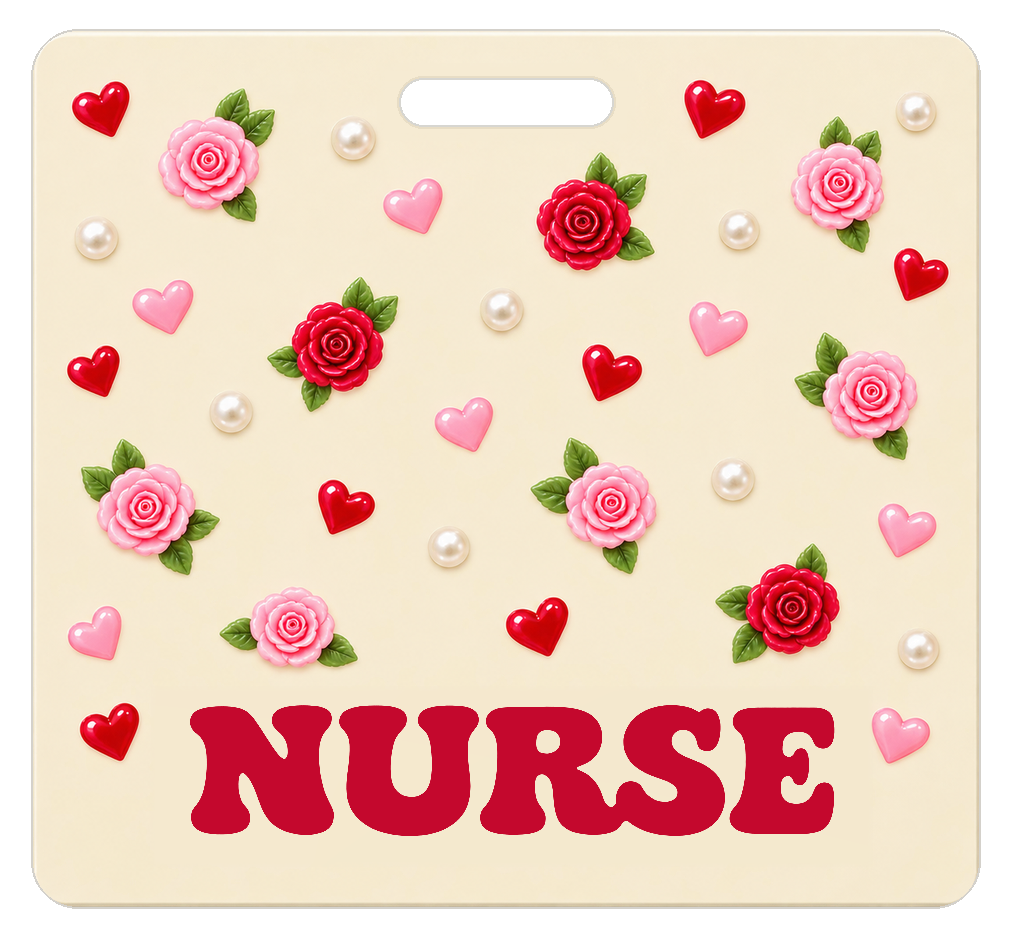 Badge Buddy — Ivory Red Roses & Hearts, Landscape / Horizontal ID, Solid Scatter, NURSE preview