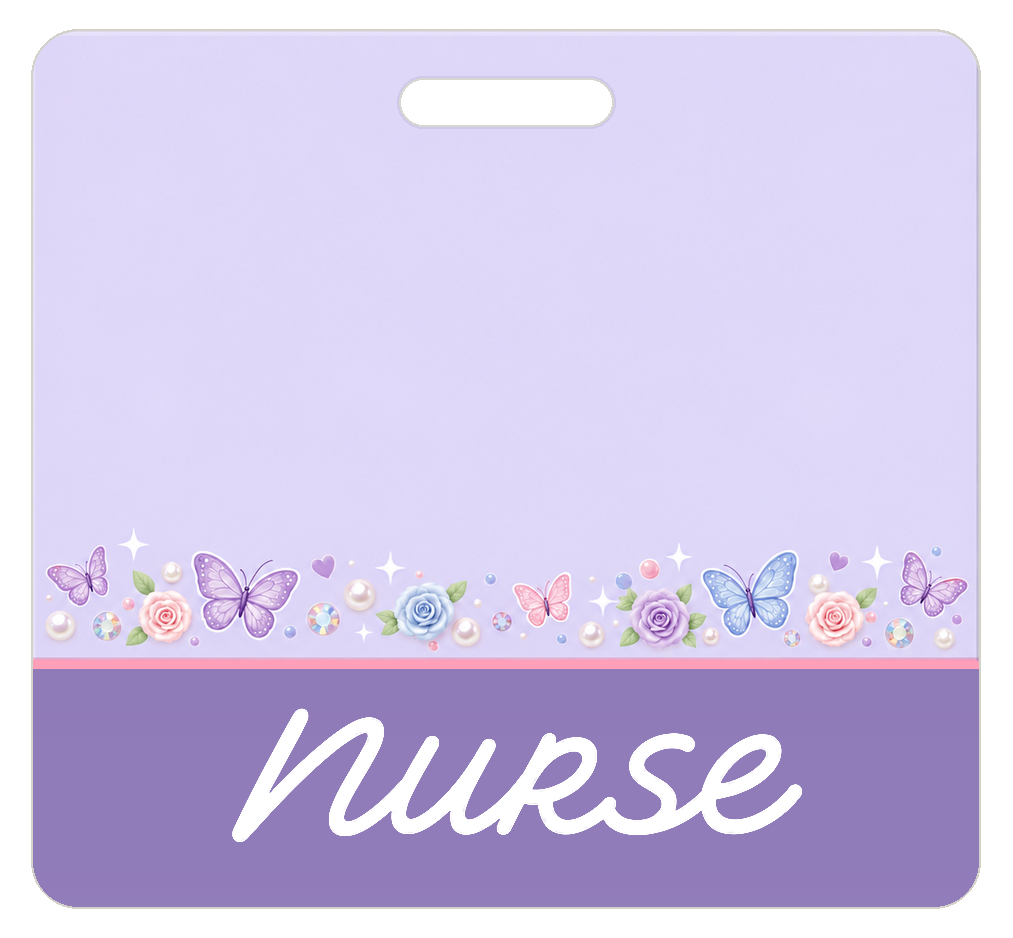 Badge Buddy — Lavender Crystal Butterflies, Landscape / Horizontal ID, Banded Signature, NURSE preview