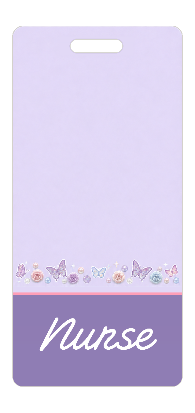 Badge Buddy — Lavender Crystal Butterflies, Portrait / Vertical ID, Banded Signature, NURSE preview
