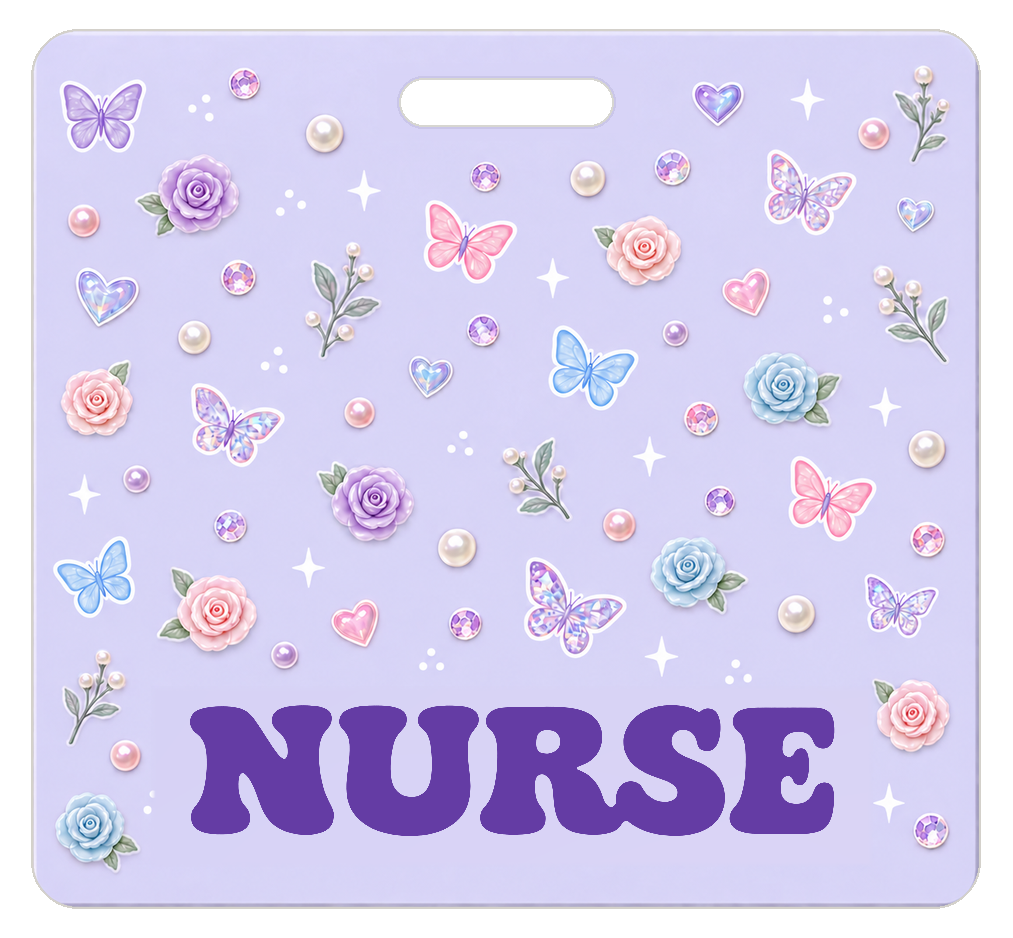Badge Buddy — Lavender Crystal Butterflies, Landscape / Horizontal ID, Solid Scatter, NURSE preview