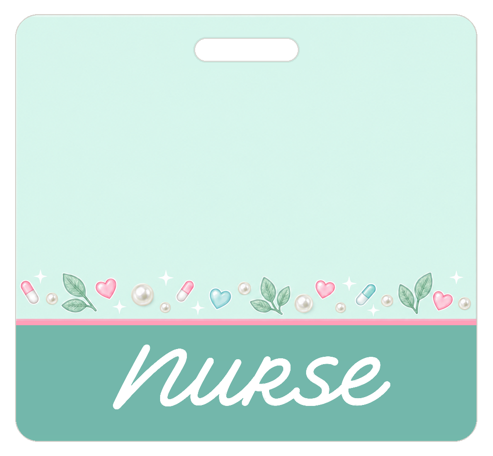 Badge Buddy — Mint Hearts & Capsules, Landscape / Horizontal ID, Banded Signature, NURSE preview