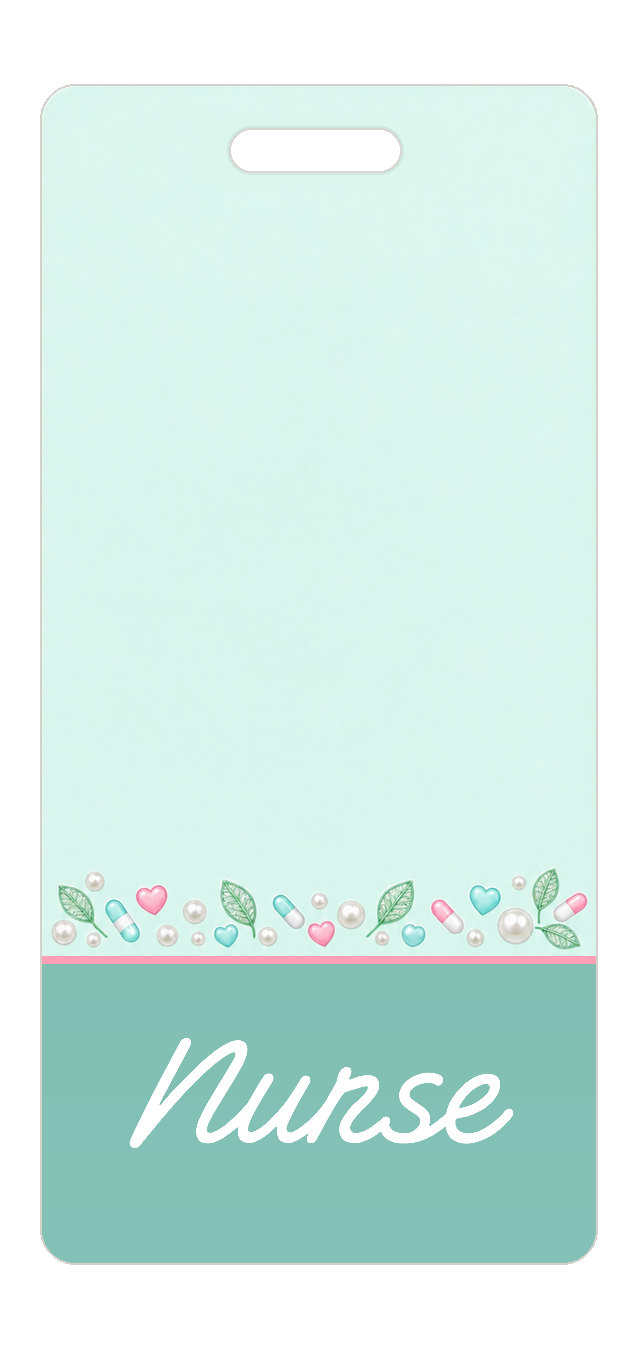 Badge Buddy — Mint Hearts & Capsules, Portrait / Vertical ID, Banded Signature, NURSE preview
