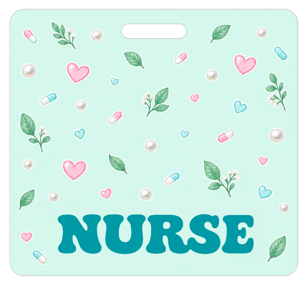 Badge Buddy — Mint Hearts & Capsules, Landscape / Horizontal ID, Solid Scatter, NURSE preview