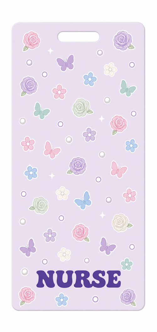 NURSE butterfly floral Badge Buddy, portrait Solid Scatter design