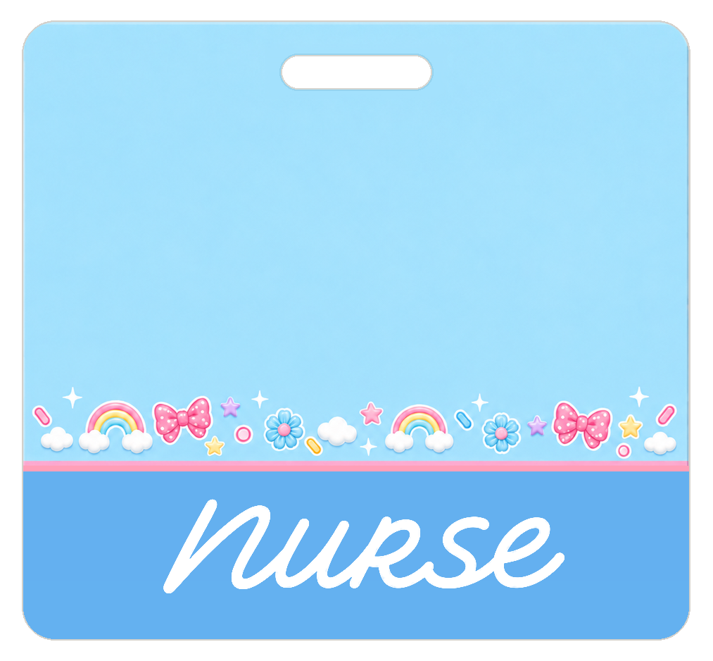 Badge Buddy — Sky Blue Rainbows & Bows, Landscape / Horizontal ID, Banded Signature, NURSE preview