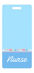Badge Buddy — Sky Blue Rainbows & Bows, Portrait / Vertical ID, Banded Signature, NURSE preview