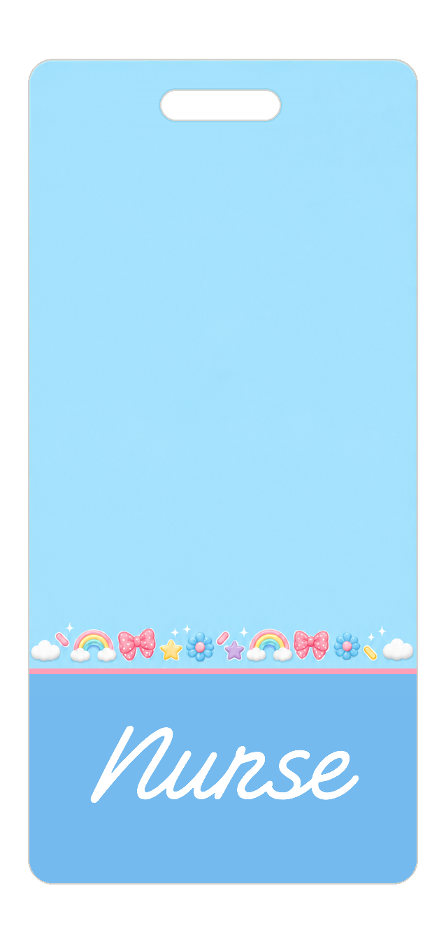Badge Buddy — Sky Blue Rainbows & Bows, Portrait / Vertical ID, Banded Signature, NURSE preview