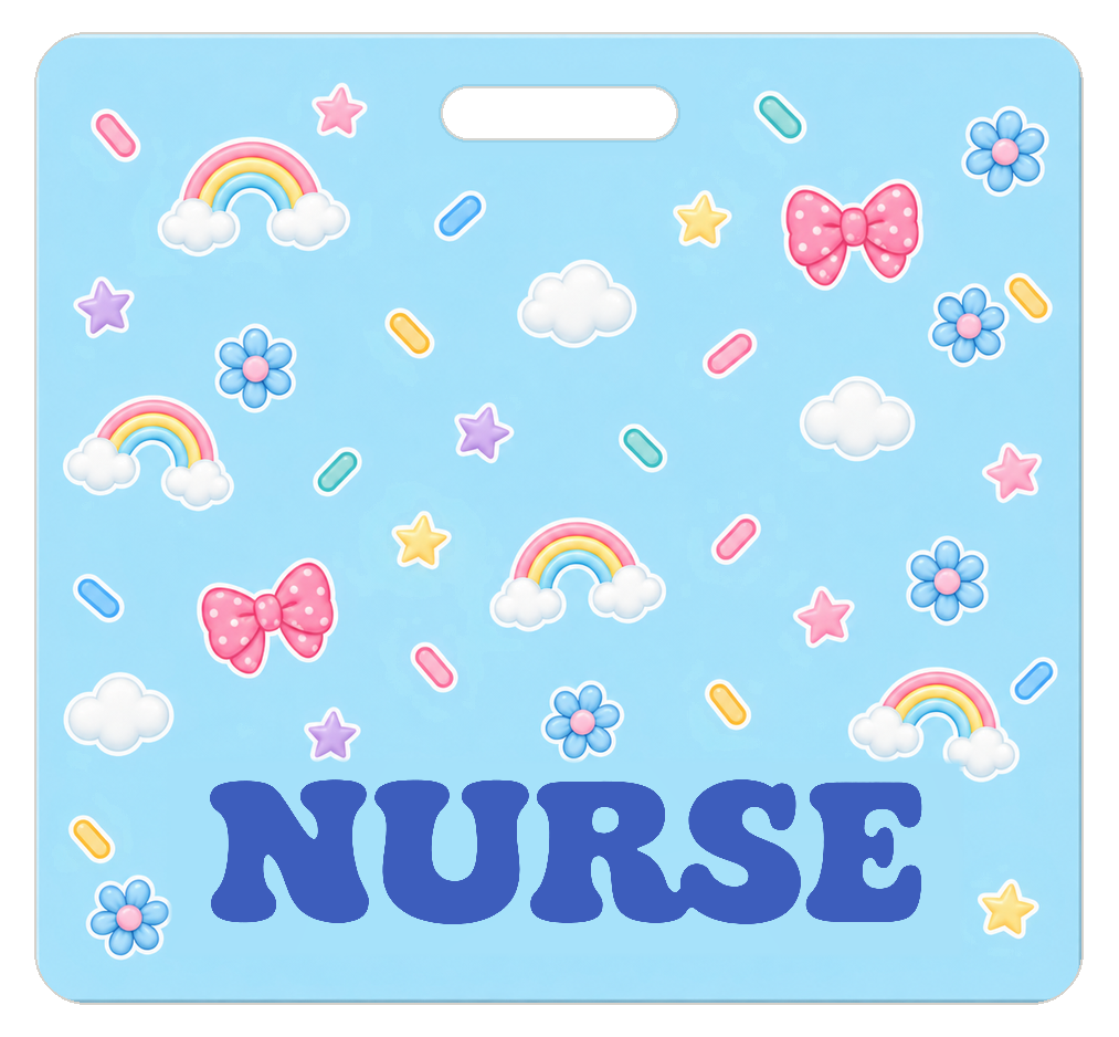 Badge Buddy — Sky Blue Rainbows & Bows, Landscape / Horizontal ID, Solid Scatter, NURSE preview