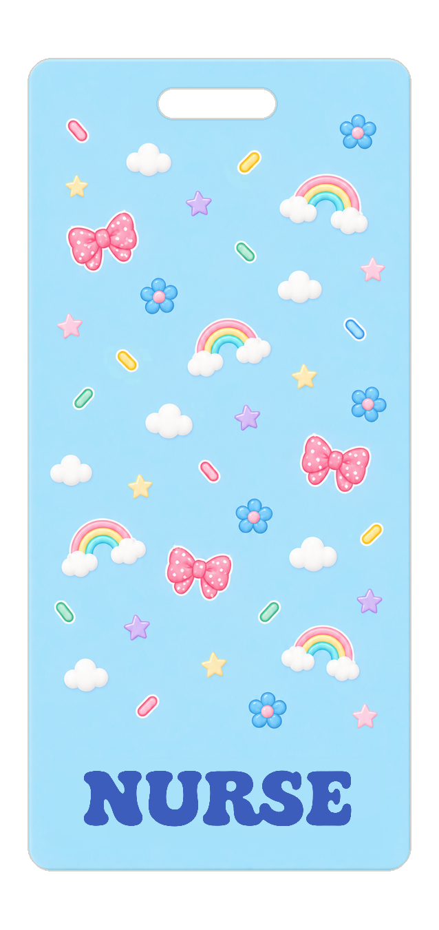 Badge Buddy — Sky Blue Rainbows & Bows, Portrait / Vertical ID, Solid Scatter, NURSE preview