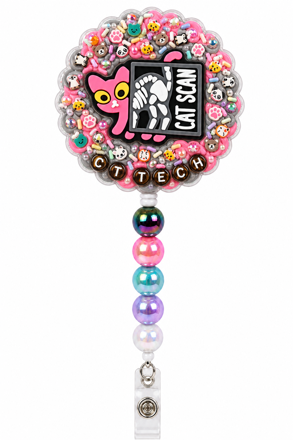 CAT SCAN CT TECH decoden cream badge reel with pink cat X-ray charm, animal accents and pastel beads