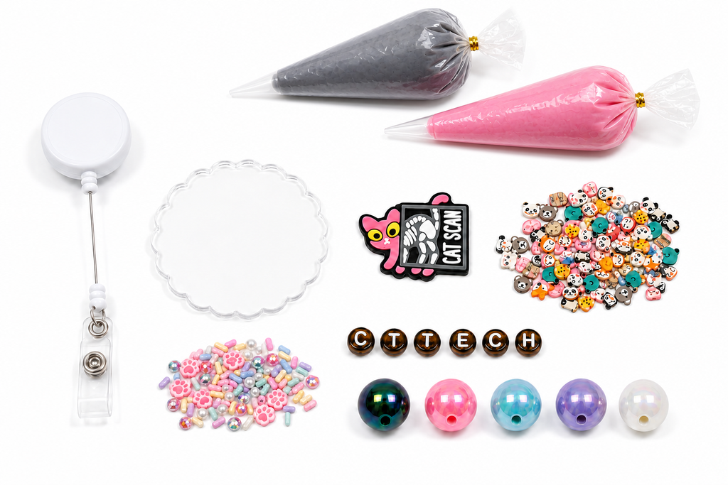CAT SCAN CT TECH DIY badge reel kit with cat X-ray charm, CT TECH letters, animal pieces, beads, reel and pink and gray cream glue