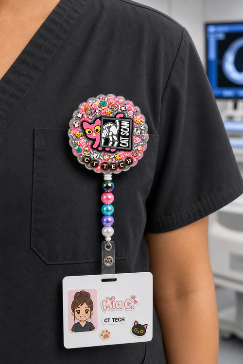 CAT SCAN CT TECH badge reel worn on healthcare worker scrubs
