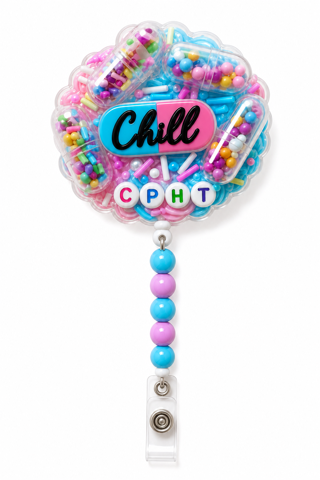 Chill CPhT pharmacy technician decoden cream badge reel with pink and blue pill capsules on a pure white background