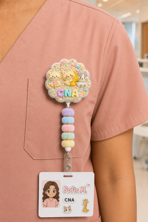 CNA Animals Cuties badge reel worn on healthcare worker scrubs