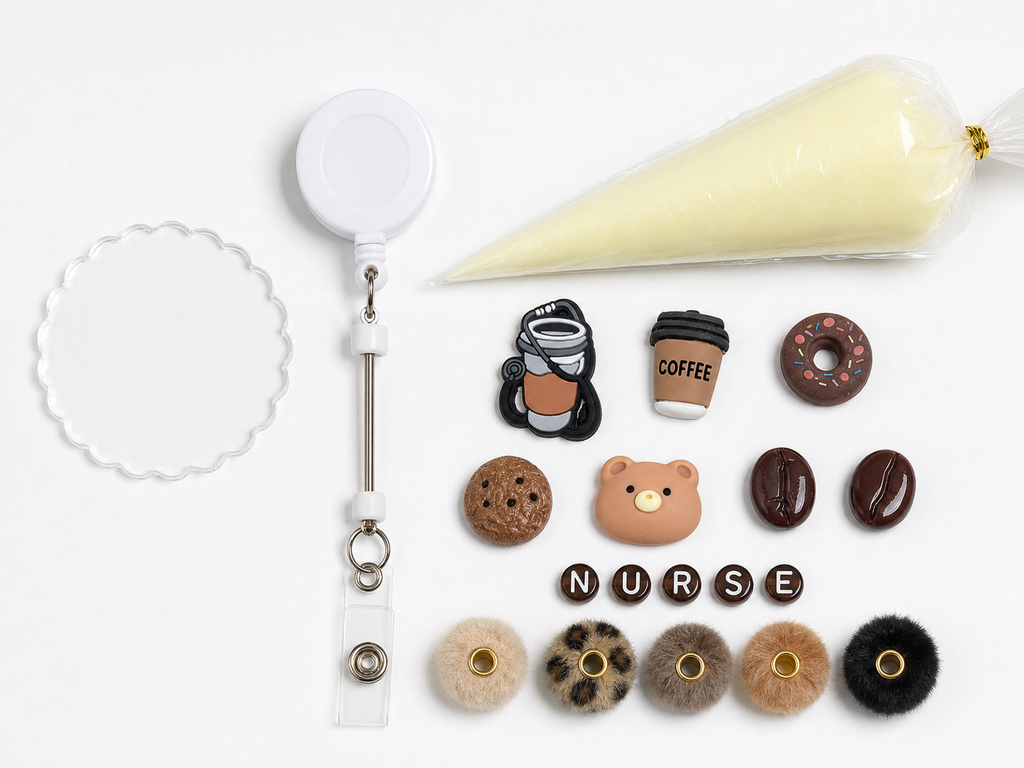 Coffee Shift NURSE DIY badge reel kit with coffee charms, donut, cookie, bear, NURSE letters, five fuzzy beads and cream glue