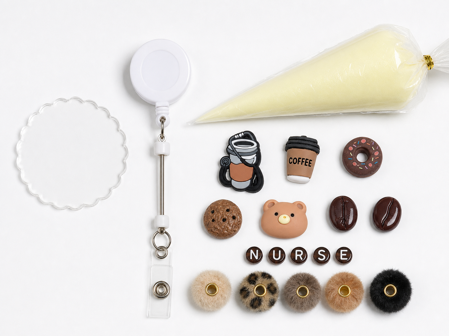Coffee Shift NURSE DIY badge reel kit with coffee charms, donut, cookie, bear, NURSE letters, five fuzzy beads and cream glue