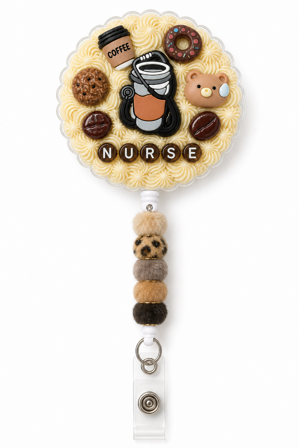 Coffee Shift NURSE decoden cream badge reel with coffee, donut, cookie, bear and five fuzzy beads on a pure white background