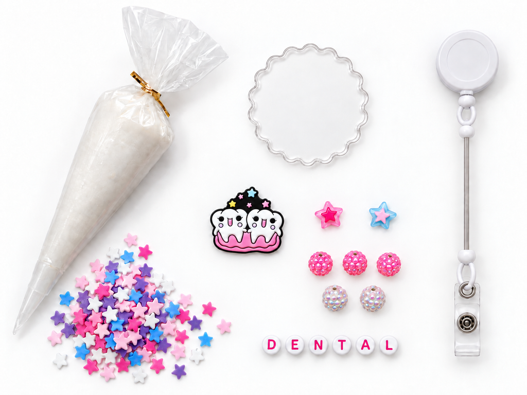 DENTAL happy teeth DIY badge reel kit with tooth charm, star sprinkles, beads and white cream glue