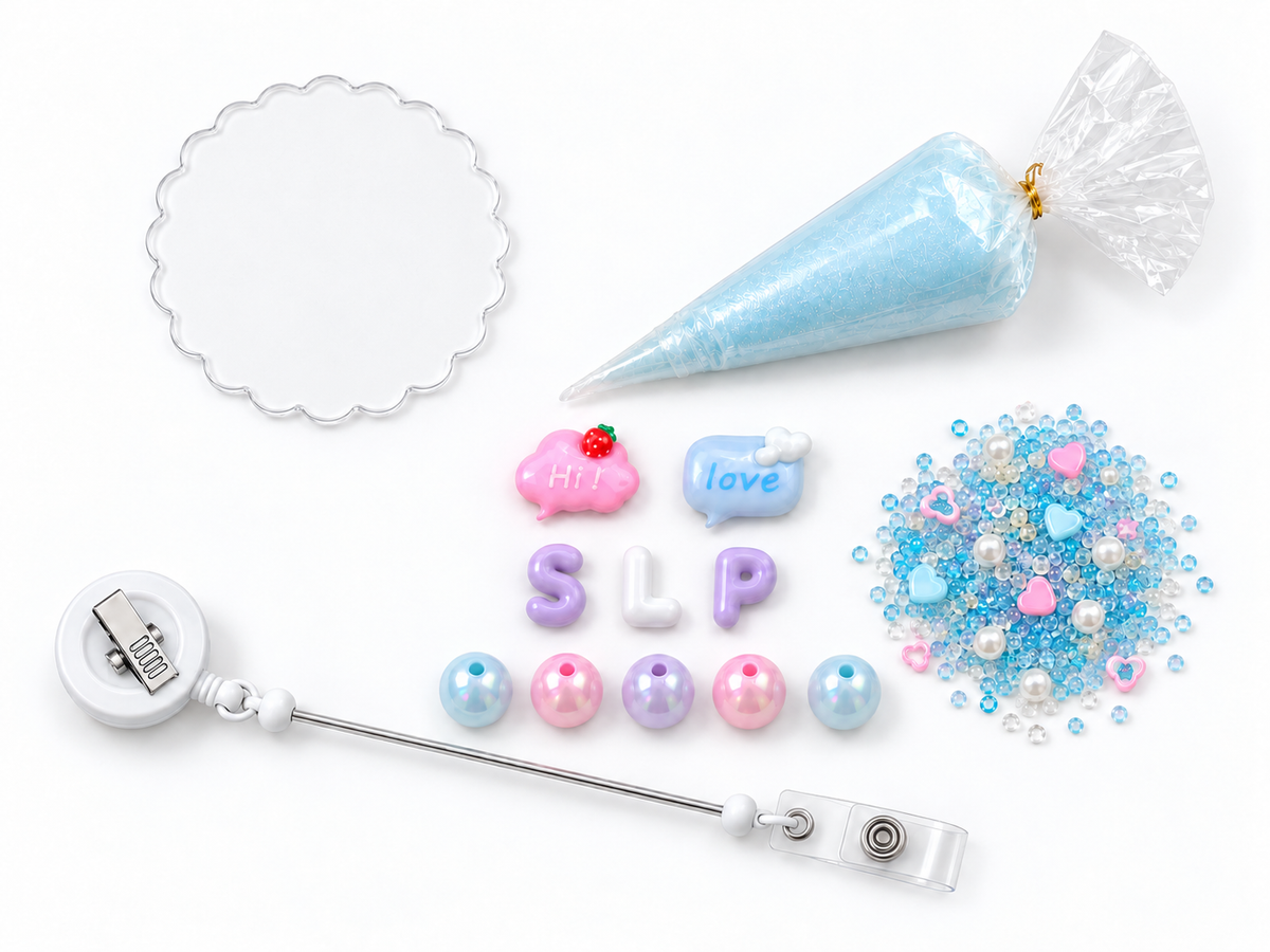 Decoden Cream Badge Reel — SLP Speech Bubbles Edition — DIY kit contents