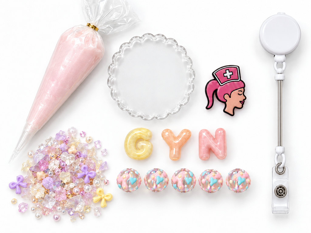 GYN nurse pastel DIY badge reel kit with nurse charm, beads, bows, crystals and pink cream glue