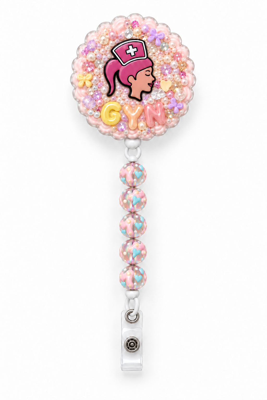 GYN nurse pastel decoden cream badge reel on a white background