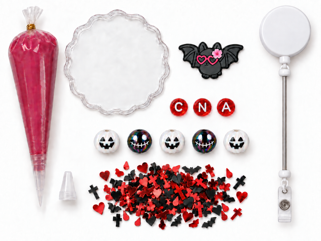 Goth Bat CNA Halloween decoden cream badge reel DIY kit contents