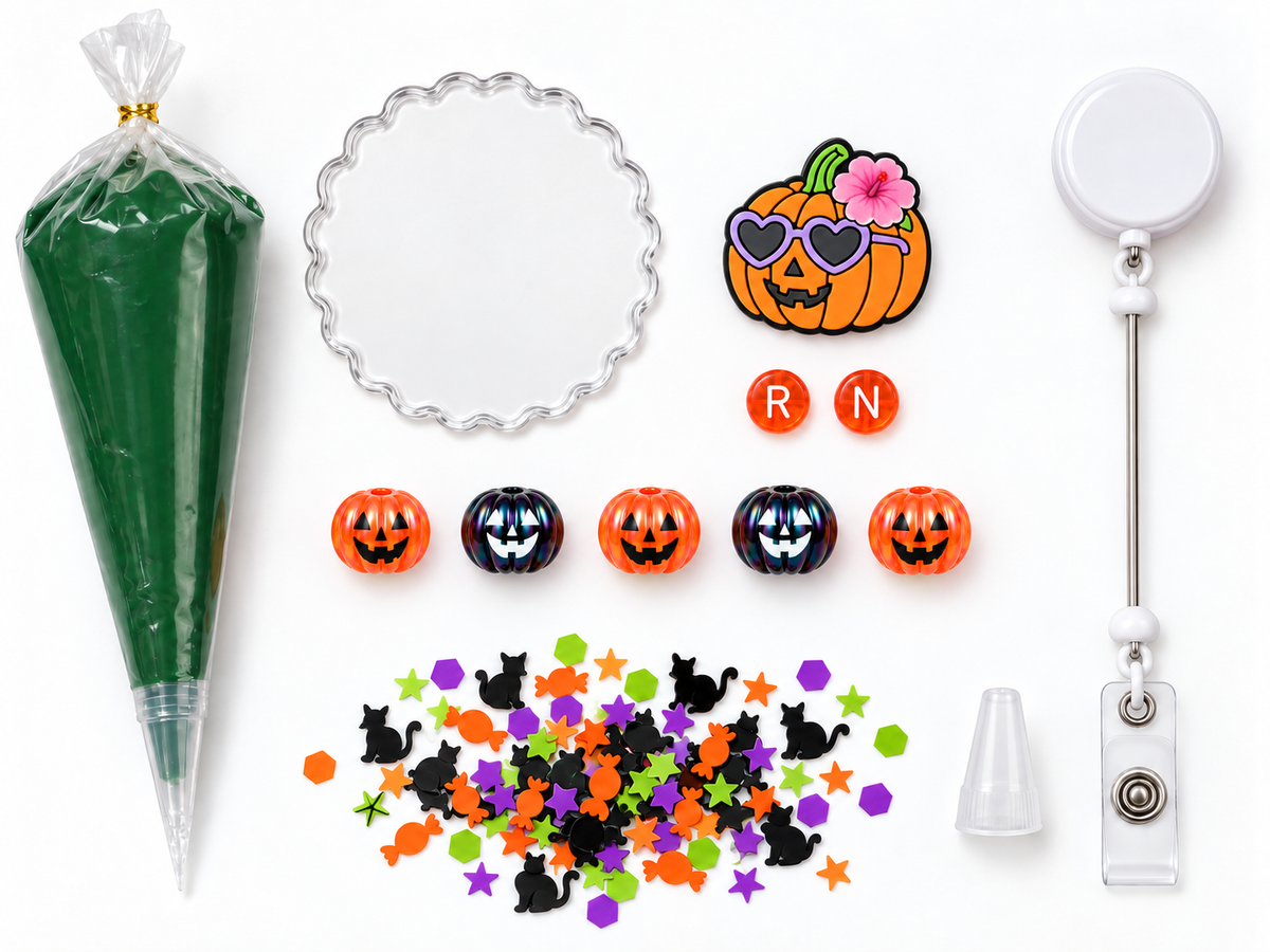 Pumpkin Glam RN Halloween decoden cream badge reel DIY kit contents